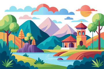 A picturesque landscape with a river, mountains, buildings, and trees under a blue sky with white clouds