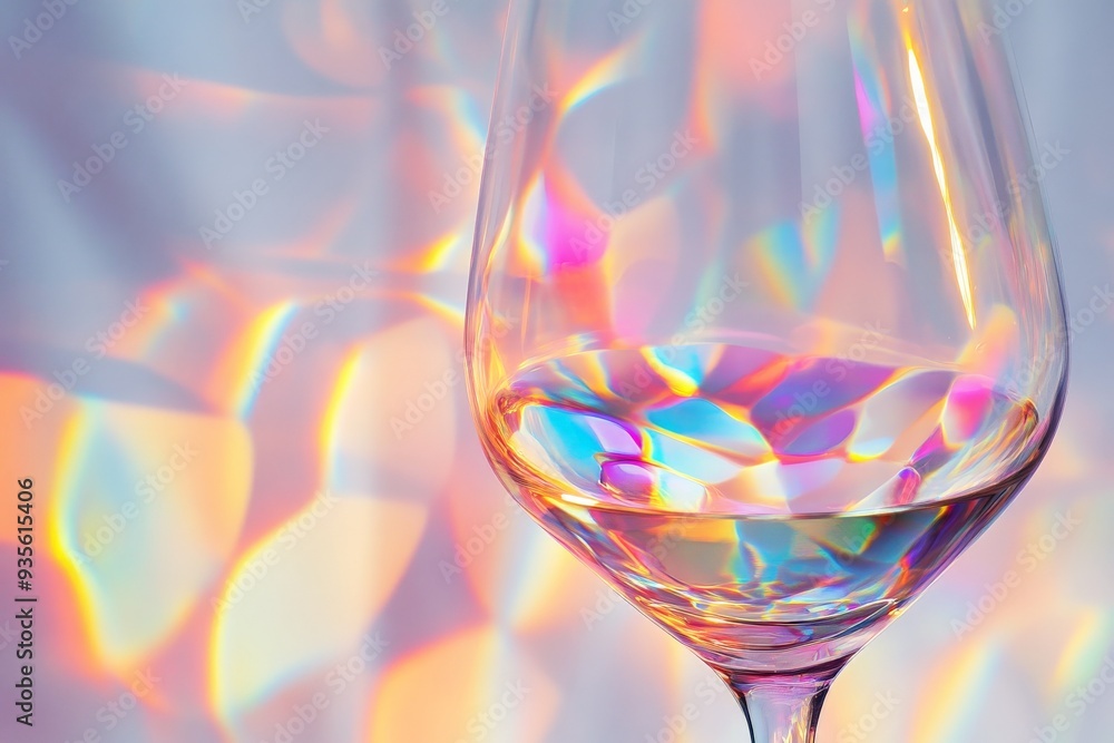 Leinwandbilder A close-up of a wine glass with colorful prismatic light reflections, creating an abstract and vibrant display. The background features a soft, blurred bokeh effect.