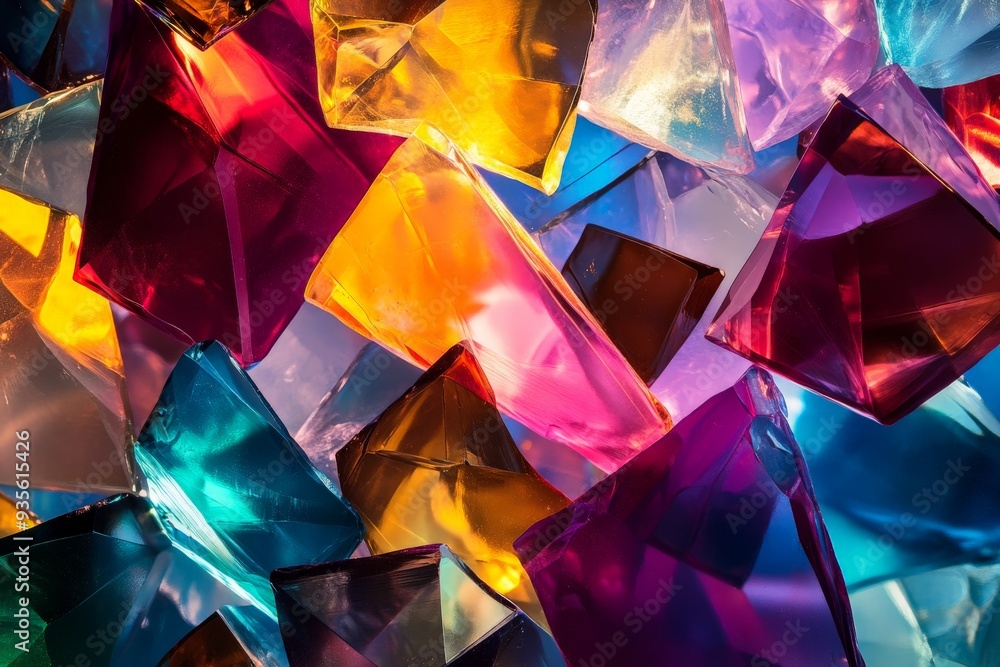 Aufkleber A visually mesmerizing image featuring multicolored glass shards that come together to form an abstract design, showcasing a striking palette of vibrant and radiant hues.