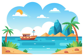 Obraz premium A Boat Sailing Near a Tropical Island with Palm Trees and Rocks