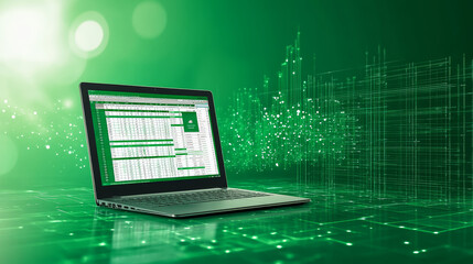 A laptop displaying spreadsheet on green digital background, conveying sense of productivity and data analysis.