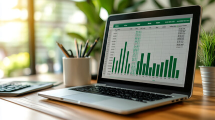 A laptop displaying spreadsheet with bar graphs, surrounded by office supplies, conveys sense of productivity and focus.