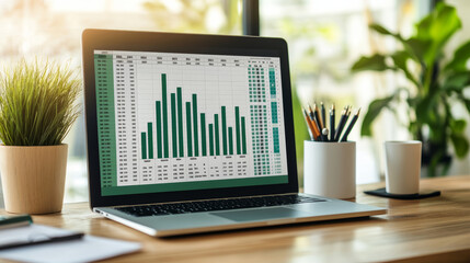 A laptop displaying data analysis spreadsheet sits on wooden desk, surrounded by plants and stationery, conveying sense of productivity and focus.