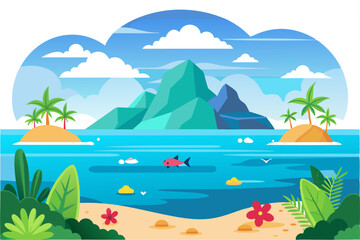 Obraz premium Tropical Island Landscape with Palm Trees, Mountains, and a Blue Ocean