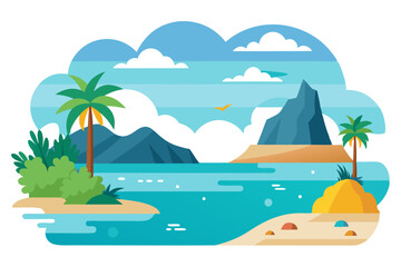 Tropical Island Beach Scene with Palm Trees, Mountains, and Blue Ocean