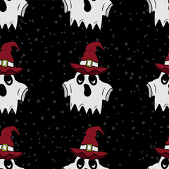 Seamless vector Halloween pattern with ghosts and colorful witch hats. Simple doodle style