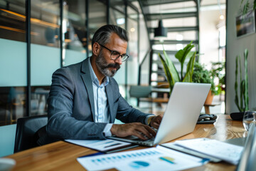 Focused businessman working on laptop in modern office, surrounded by plants and documents, conveying sense of concentration and professionalism.