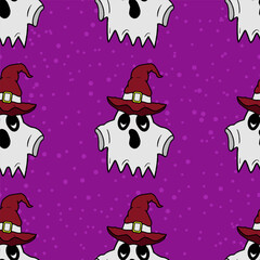 Seamless vector Halloween pattern with ghosts and colorful witch hats. Simple doodle style