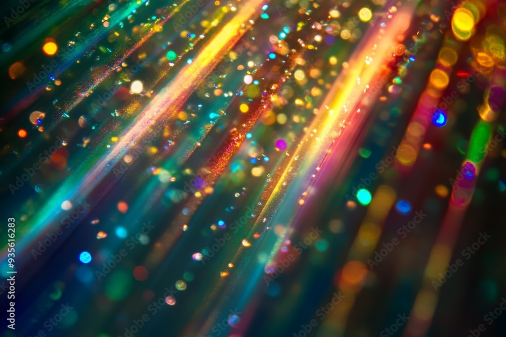 Poster vibrant, radiant light beams flow diagonally through the image, accompanied by glittering particles 