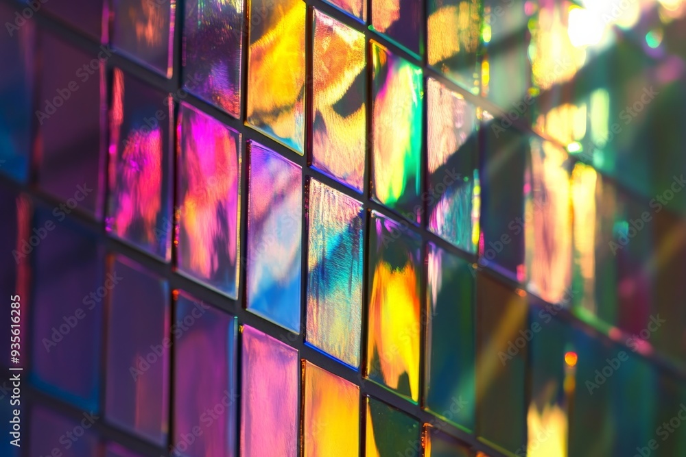 Aufkleber a close-up of a vibrant, iridescent tiled wall reflecting dynamic light beams, creating an enchantin