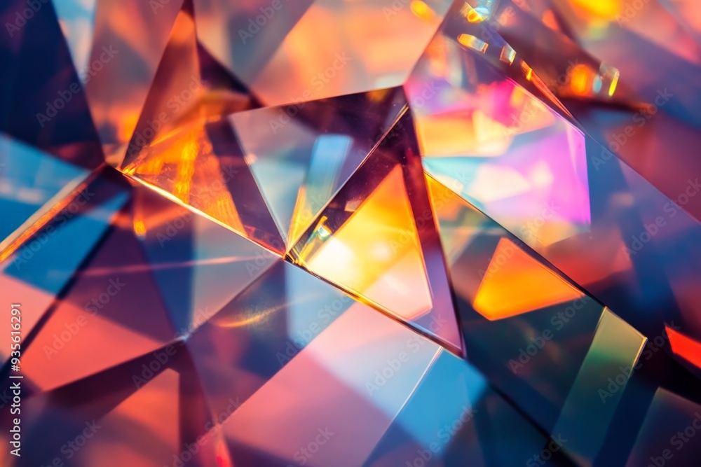 Leinwandbilder An intricate array of translucent, geometric prism shapes, reflecting an array of vibrant colors, abstract in nature and producing a visually stunning and dynamic effect.