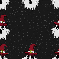 Seamless vector Halloween pattern with ghosts and colorful witch hats. Simple doodle style