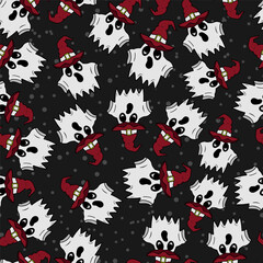 Seamless vector Halloween pattern with ghosts and colorful witch hats. Simple doodle style