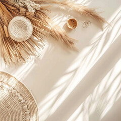Boho home decor flat lay background, natural details and decoration in bright summer daylight