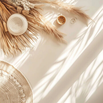 Boho home decor flat lay background, natural details and decoration in bright summer daylight