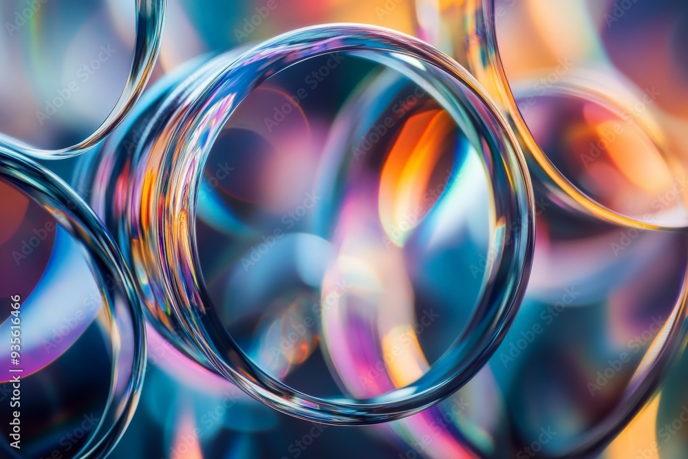 Poster a visually stunning image of colorful abstract loops with vibrant light reflections, creating a dyna