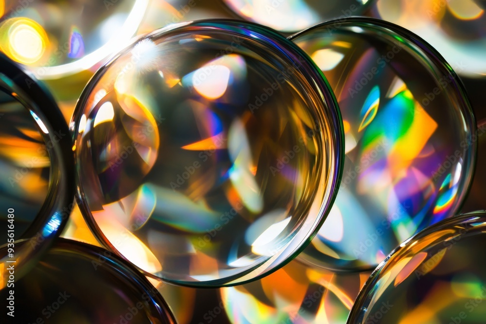 Fototapete A mesmerizing cluster of glass orbs reflecting colorful light patterns, creating a captivating abstract visual that evokes a sense of wonder and delight.