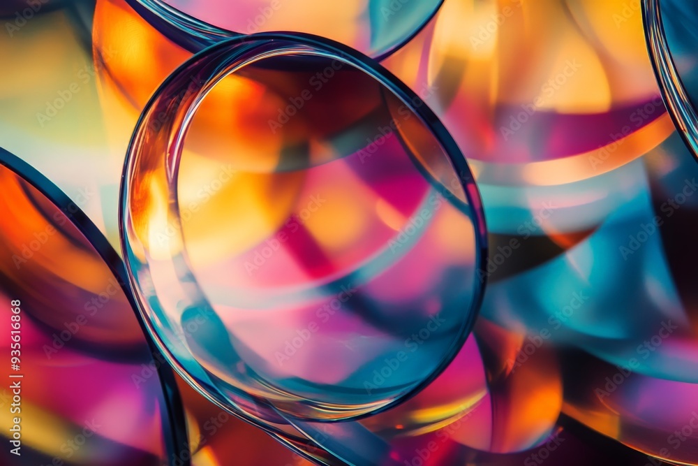 Poster a stunning visual featuring colorful, circular glass pieces illuminated by dynamic lighting, emphasi