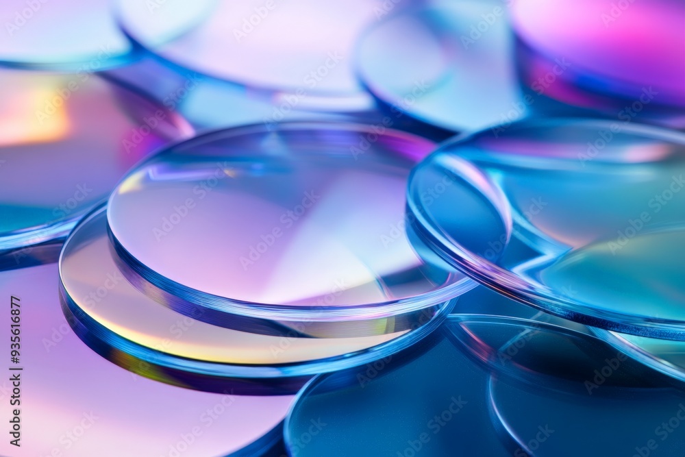 Poster An image showcasing a collection of overlapping, colorful, round glass shapes with light reflections, creating a vibrant and dynamic visual effect.