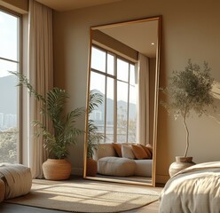 3D Rendering of Modern Tall Mirror with Golden Frame in Bedroom, Full-Body Portrait

