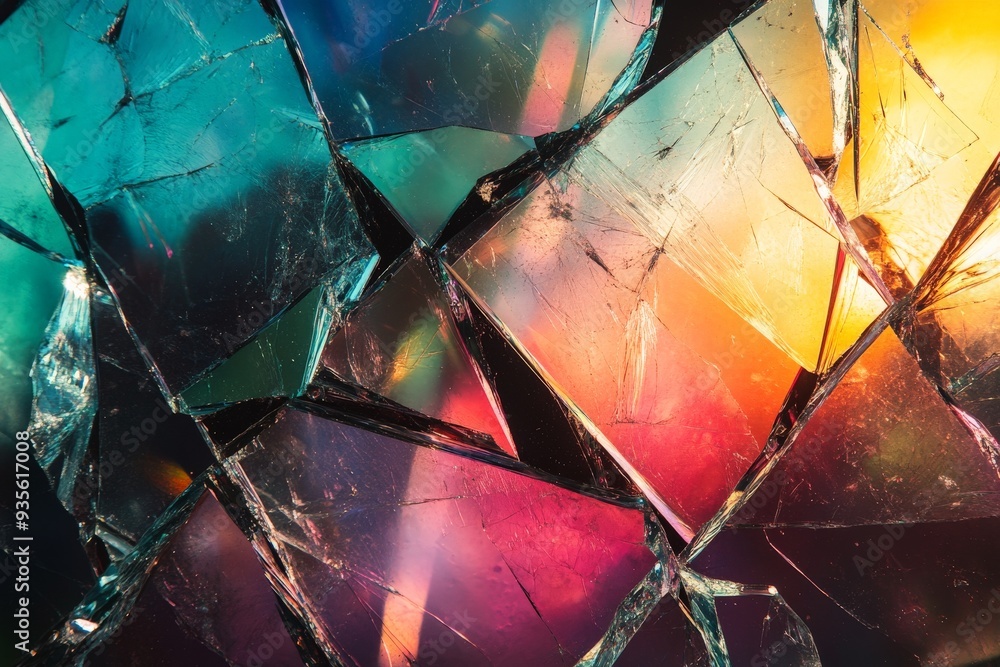 Aufkleber close-up of broken glass pieces illuminated by dynamic light and colors, showcasing prismatic effect
