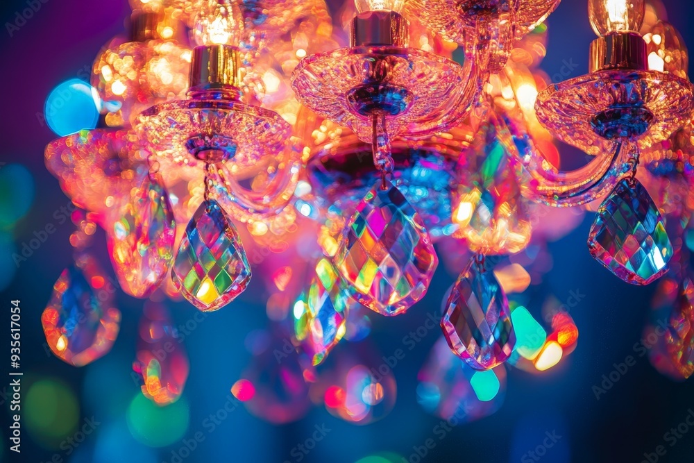 Poster an elegant chandelier adorned with sparkling crystals and captivating light reflections, showcasing 