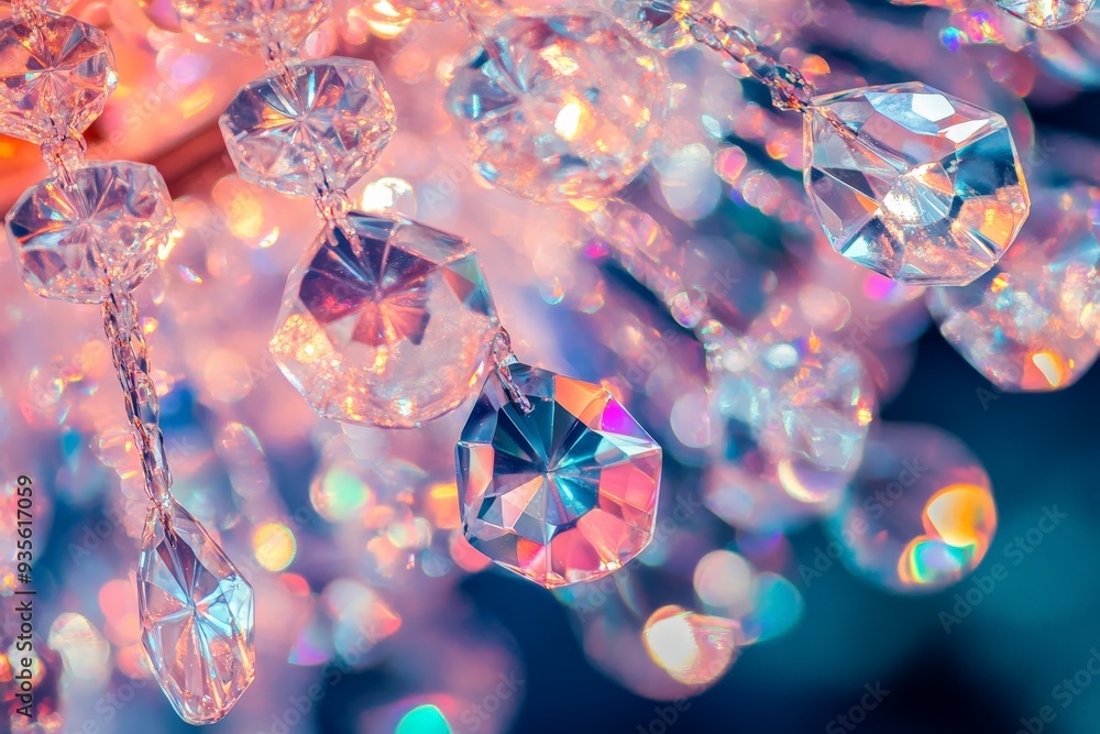 Poster close-up of dazzling crystal beads with stunning light reflections creating a mesmerizing and vibran