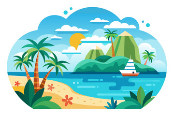 Obraz premium Tropical Island Scene with Palm Trees, Boat, and Mountains