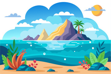 Obraz premium Tropical Island with Mountain, Ocean, and Palm Trees