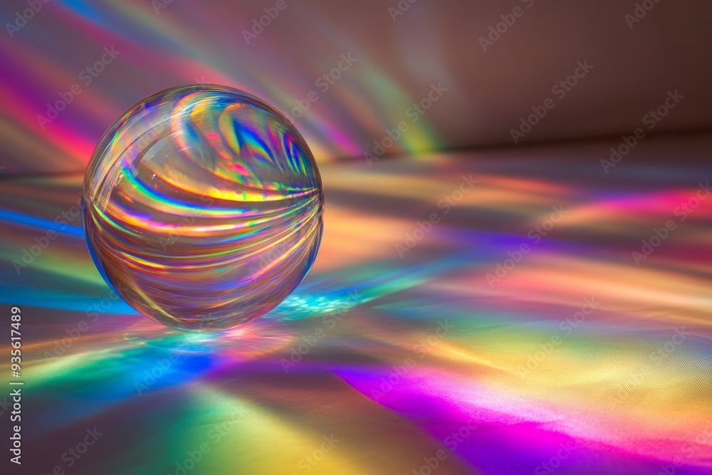 Poster A glass sphere located in a light-filled environment that beautifully reflects and disperses colorful lights, creating an array of vibrant colors and patterns.