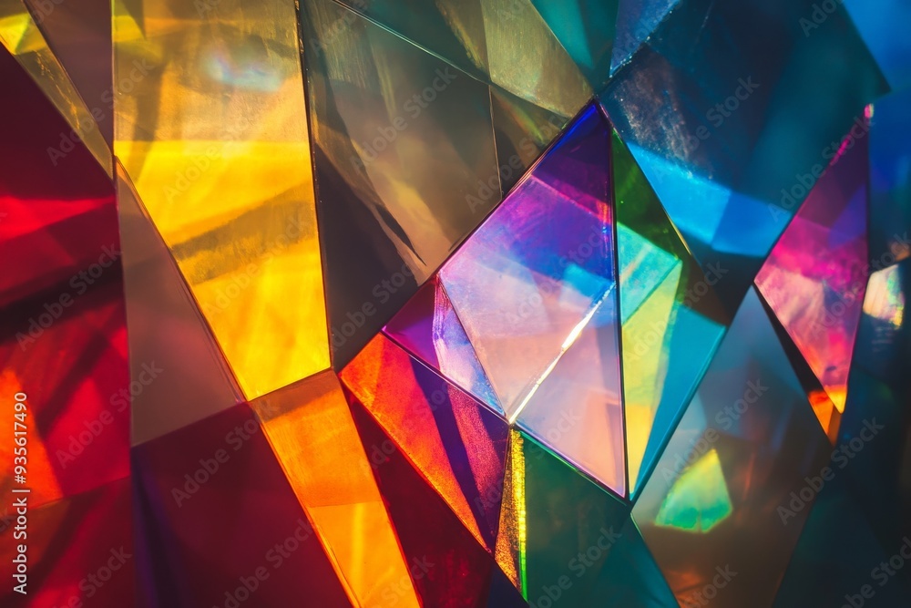 Aufkleber a geometric glass artwork is illuminated with colorful light patterns, displaying a captivating fusi