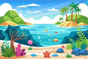 Tropical Island Seascape with Palm Trees and Underwater Life