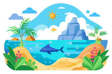 A Blue Dolphin Swimming Beneath a Sunny Sky