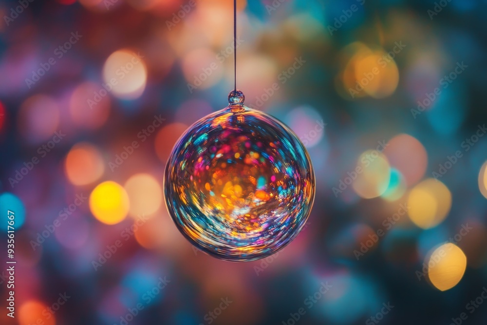 Poster a spherical glass ornament is suspended in front of a vibrant array of colorful lights, reflecting a