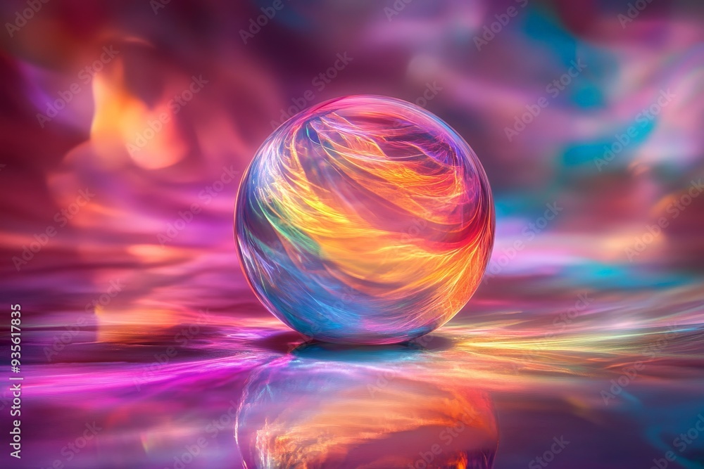 Leinwandbilder a glass ball sits on a vibrant surface, adorned with swirling colorful lights that create an etherea