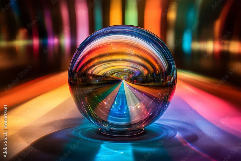 Poster a glass sphere with colorful reflections and light streaks stands on a reflective surface, creating 