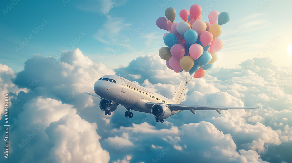 Wall mural passenger airplane tied to colorful balloons floating in the sky, airplane with the balloons lifting