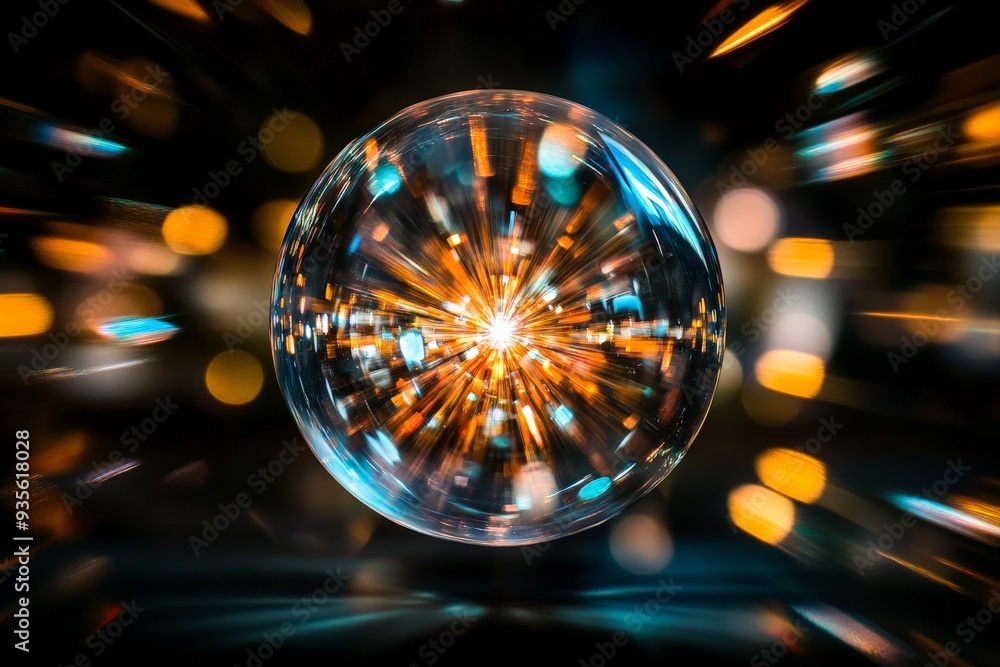 Poster An entrancing image of an illuminated bubble with radiant, diverse lights and bokeh effects, creating a vibrant and dynamic composition full of energy.