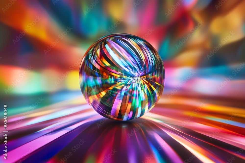 Poster a colorful spherical object emitting radiant light streaks in a vibrant spectrum of rainbow colors, 