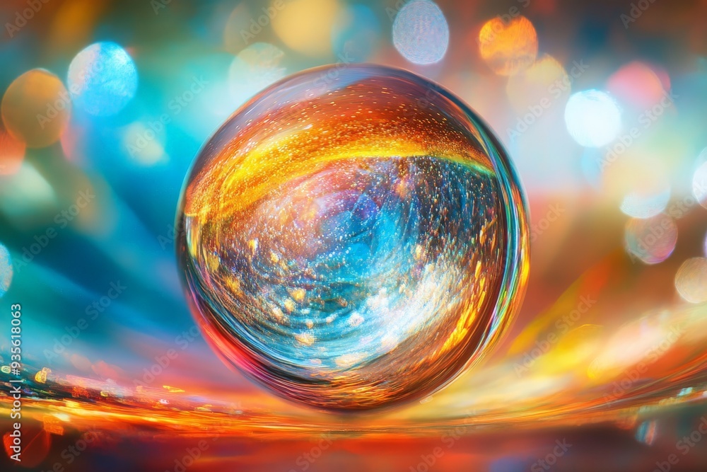 Poster A colorful sphere capturing cosmic-like light and reflections, presenting a blend of warm and cool colors, creating a galaxy impression with a dazzling effect.