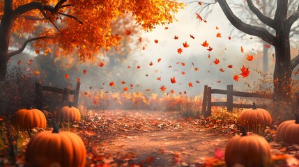 33. A beautiful autumn scene with falling leaves and a pumpkin patch