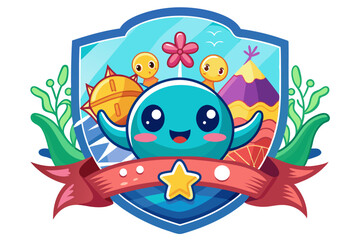Fototapeta premium Cute Blue Creature with a Star in a Shield-Shaped Frame