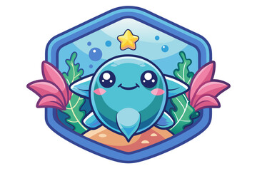 Obraz premium Cute Blue Cartoon Fish with Big Eyes and Pink Cheeks in a Hexagon Frame