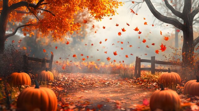 33. A beautiful autumn scene with falling leaves and a pumpkin patch