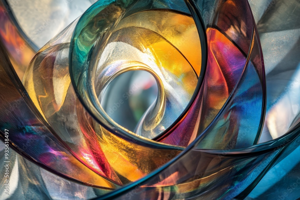 Poster This image showcases a colorful glass vortex adorned with mesmerizing light reflections, creating an abstract visual that draws the viewer into its swirling, dynamic, and vibrant design.