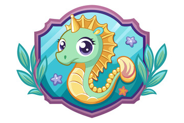 Obraz premium Cute Cartoon Seahorse with Crown and Flowers in a Frame