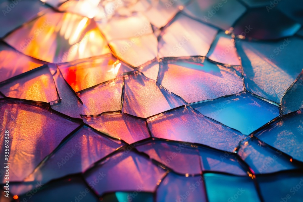 Poster this image showcases a variety of brilliant, shattered glass pieces reflecting a spectrum of rainbow
