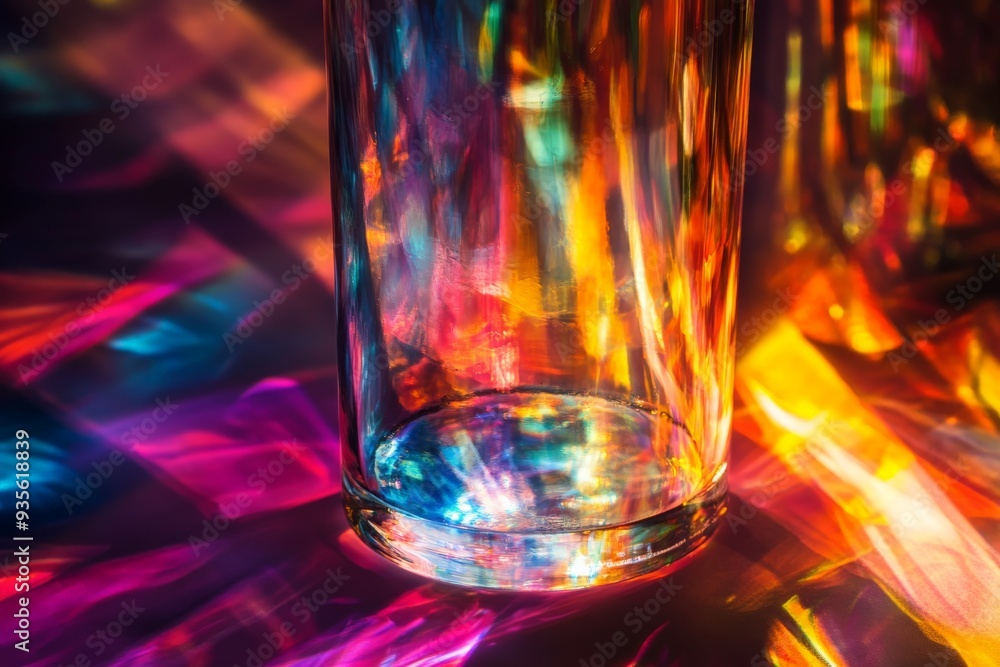 Poster an image of a glass with radiant colorful abstract light reflections creating a mesmerizing visual e