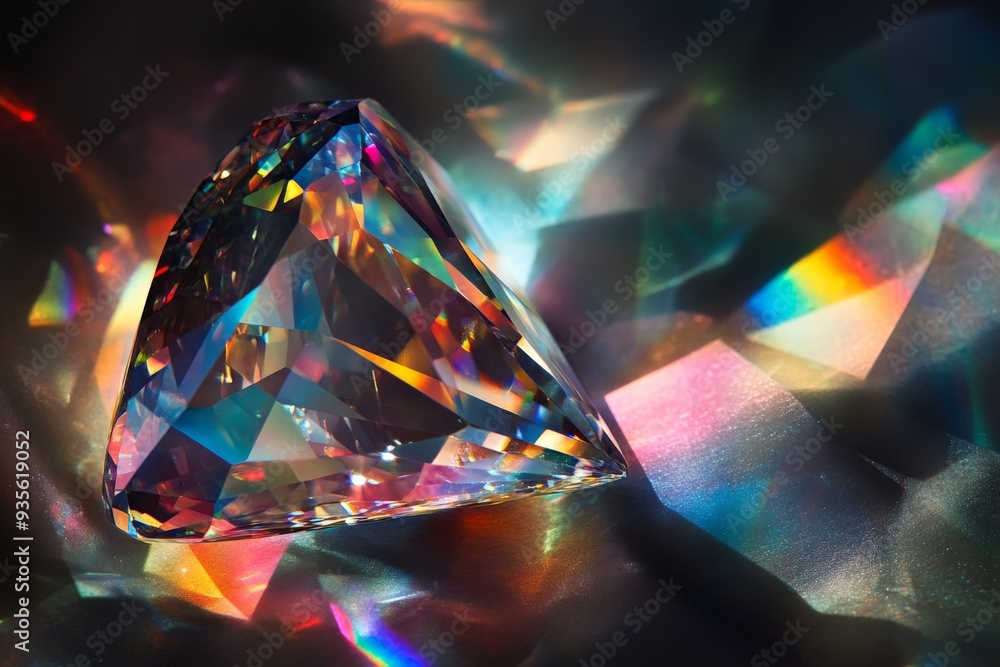 Poster A close-up image of a diamond prism refracting light into a vivid spectrum of rainbow colors, creating a mesmerizing and intricate play of light and color.