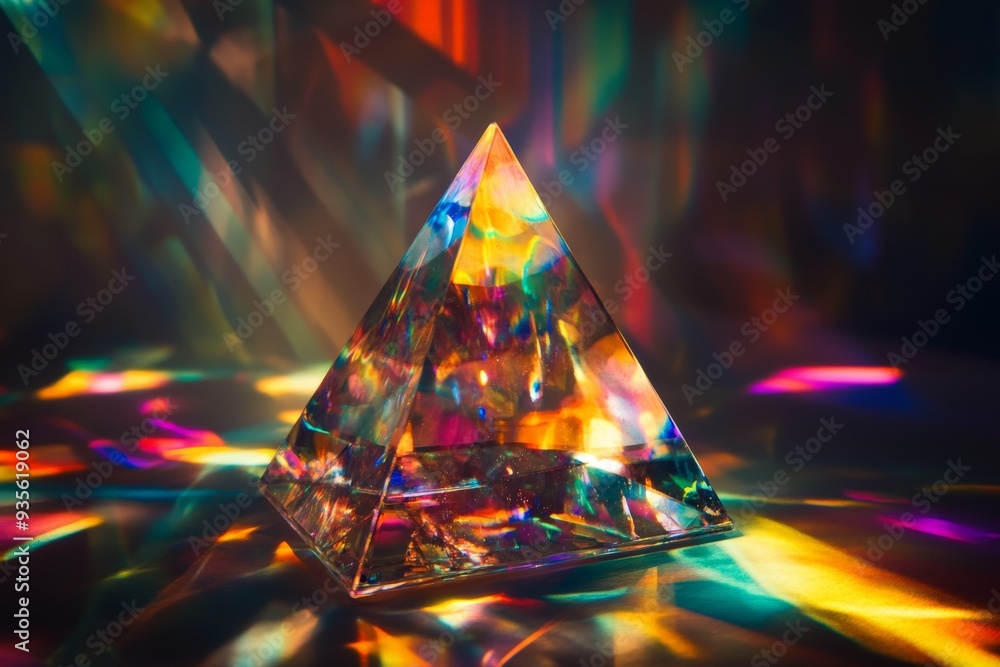 Fototapete a high-quality image of a prism pyramid emitting rays of rainbow-colored lights, creating a dynamic 